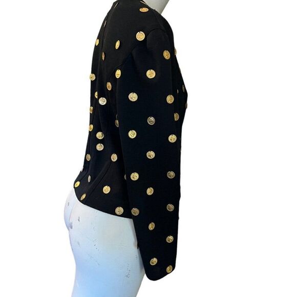 Ladies Medium Black Gold Tone Coins All Over Blouse Wool Sweater Top Vintage - Picture 5 of 8